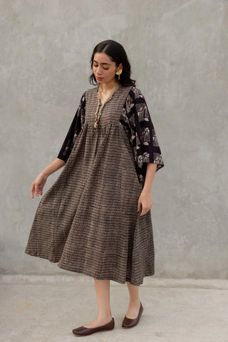 Inari grey and black cotton kaftan sleeve midi dress, boho hand block print - twirl, summer style
