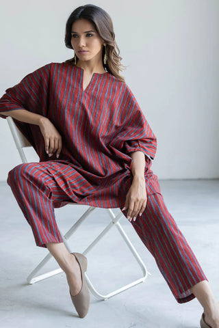 Iro red and blue striped cotton kaftan top and pant co-ord set, boho resort wear - relaxed summer style