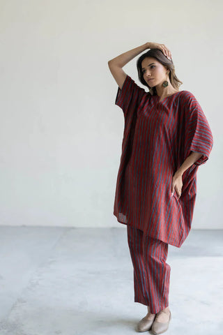 Iro red and blue striped cotton kaftan top and pant co-ord set, boho resort wear - resort holiday look
