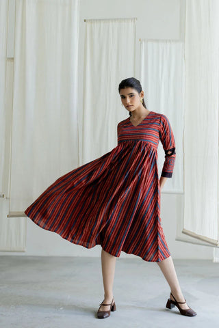 Veha red and indigo striped cotton V-neck flared midi dress, boho festive - flared skirt, twirl
