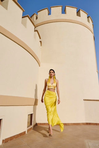 Yellow striped printed crop top and skirt women Genz dress